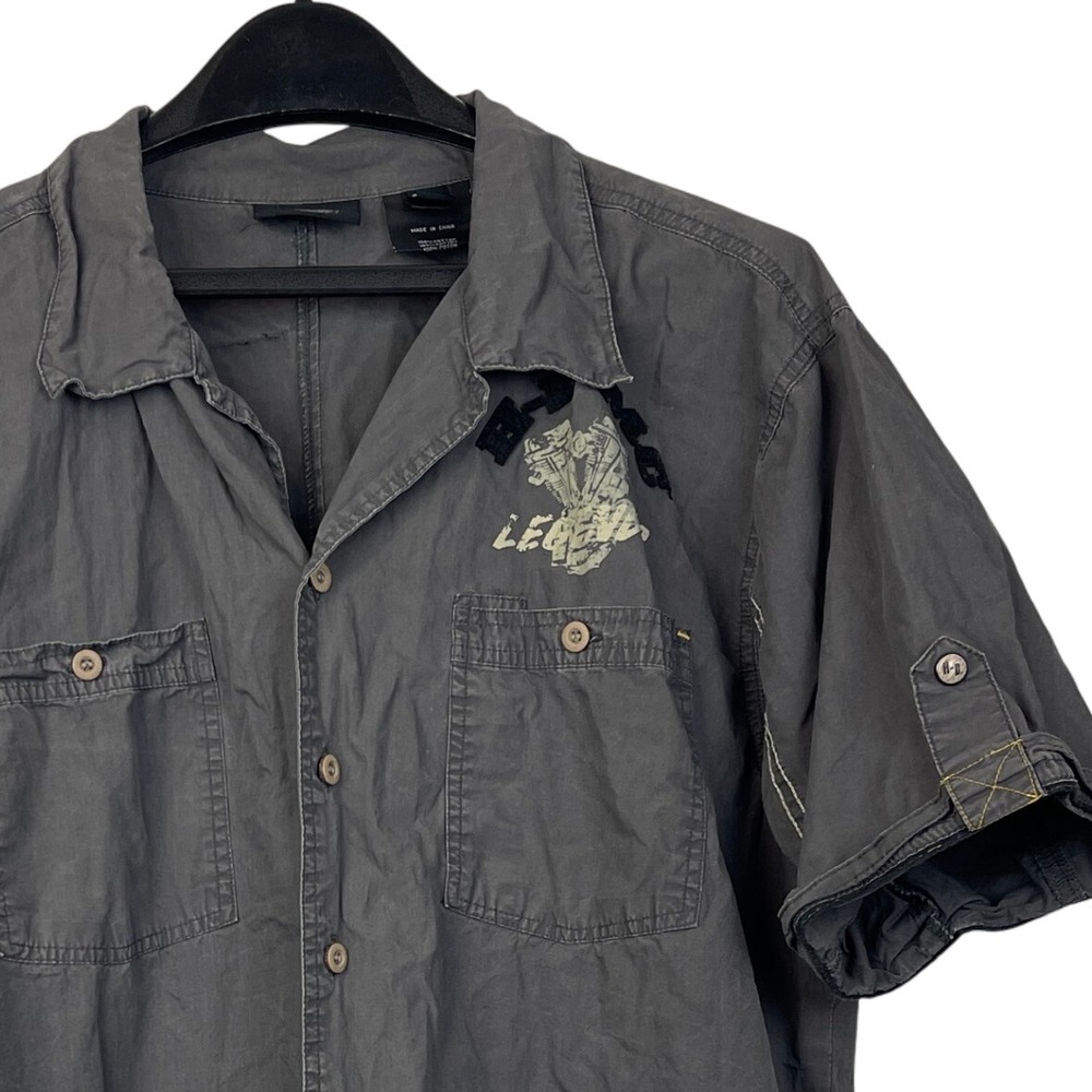 Harley Davidson Racing #1 Embroidered Mens XL Cotton Short Sleeve Gray Button Up